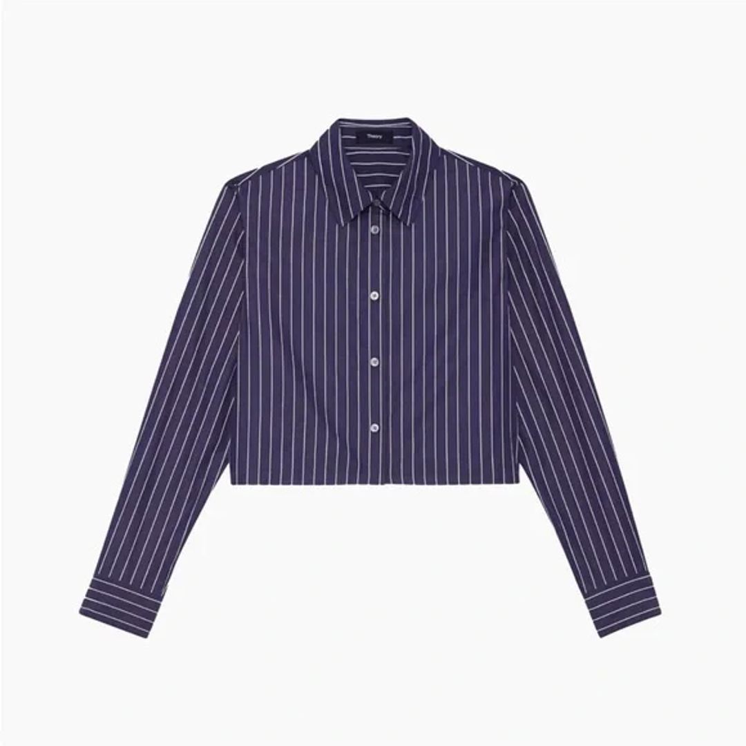 Cropped Women's Striped Button-Up Shirt in Navy / White