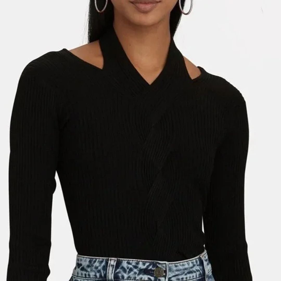 Leah Cut-Out Cable Knit Top in Black #2
