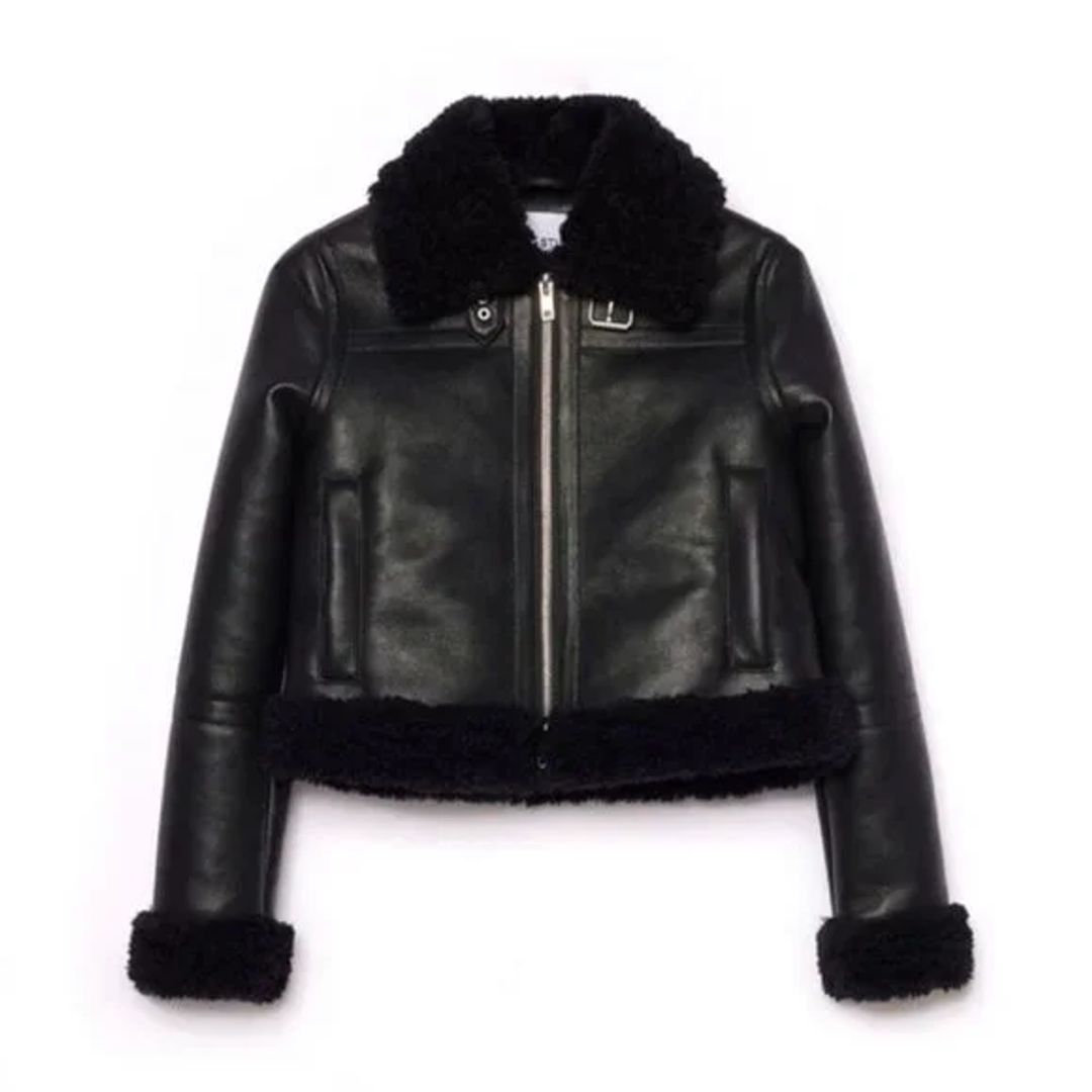Black Leather Sherpa Shearling Faux Fur Cropped Jacket
