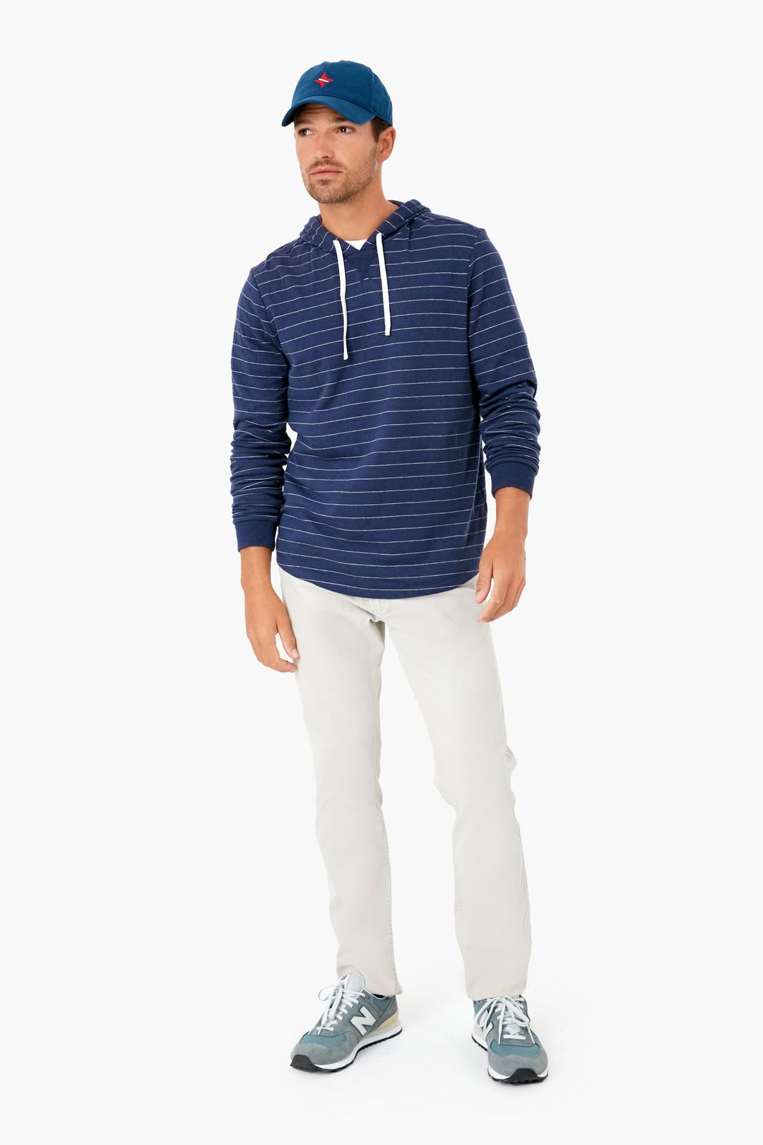 Navy White Stripe Double Knit Pullover Hoodie