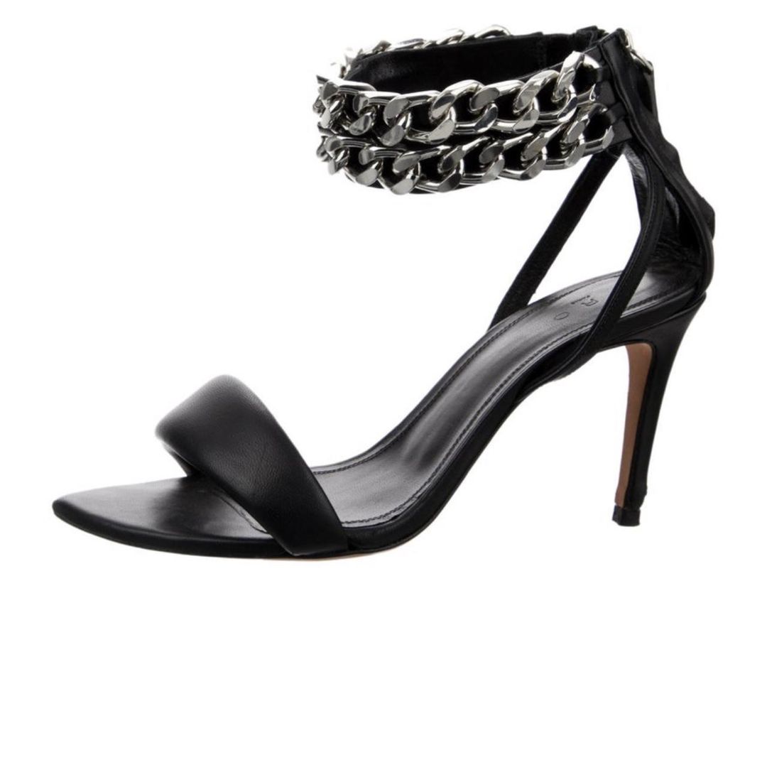 Black leather ankle strap sandal with chain detail