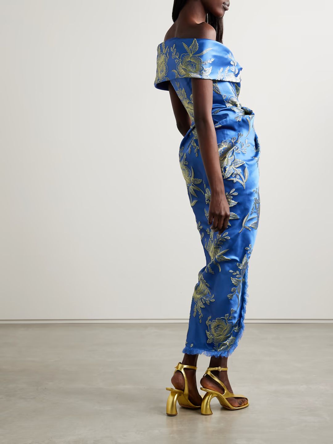 Off-the-shoulder fringed floral-brocade midi wrap dress #3