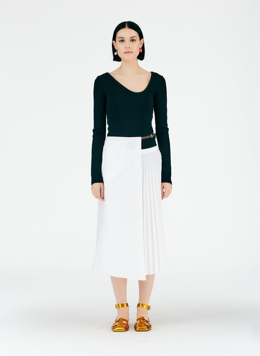 Pleated Cotton Leather Wrap Skirt