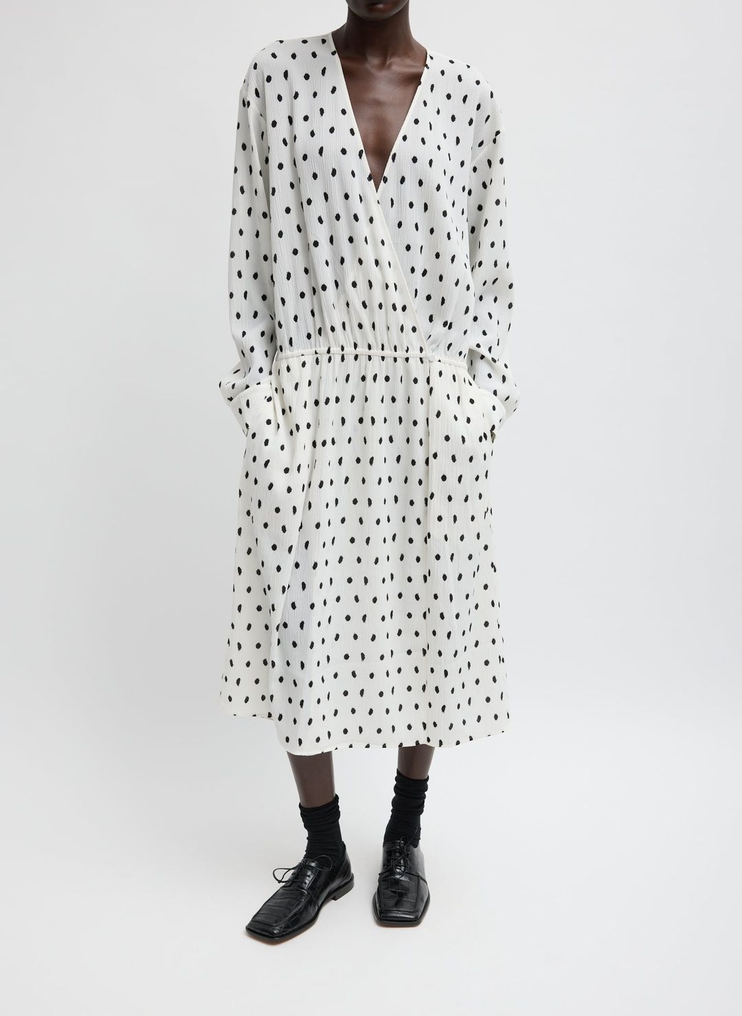 Scribble Dot Print Stretch Plisse Wrap Dress