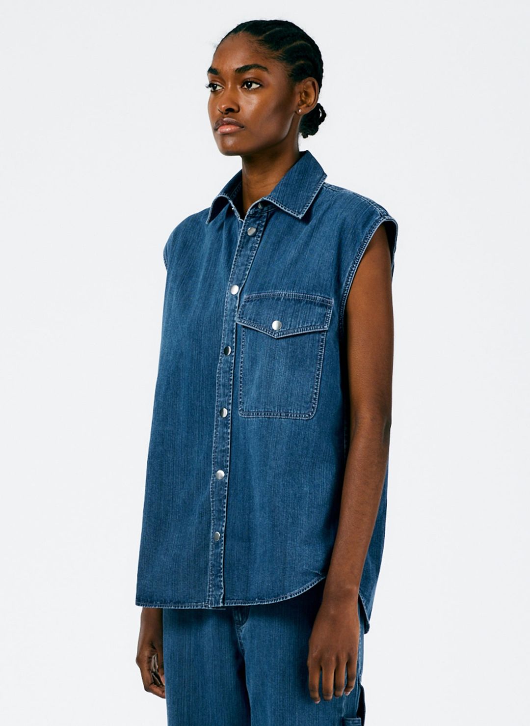 Stone Washed Denim Sleeveless Easy Shirt #3