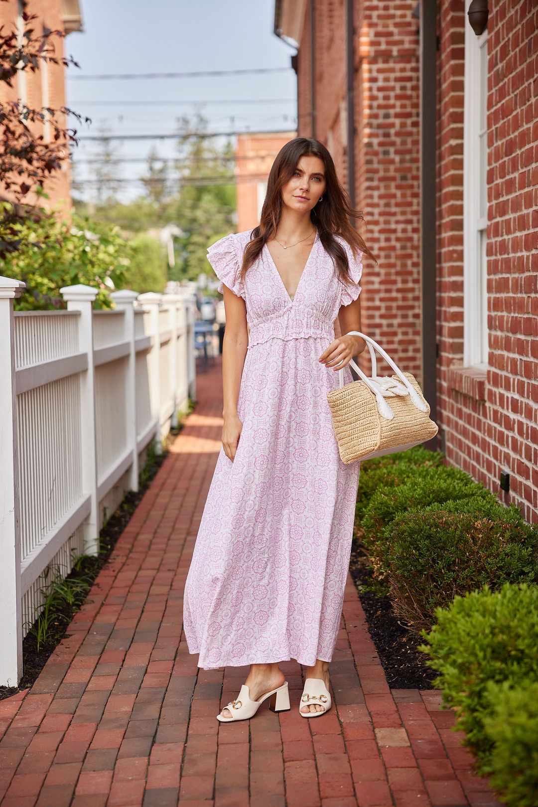 Pink Medallion Print V-Neck Flutter Sleeve Maxi Dress