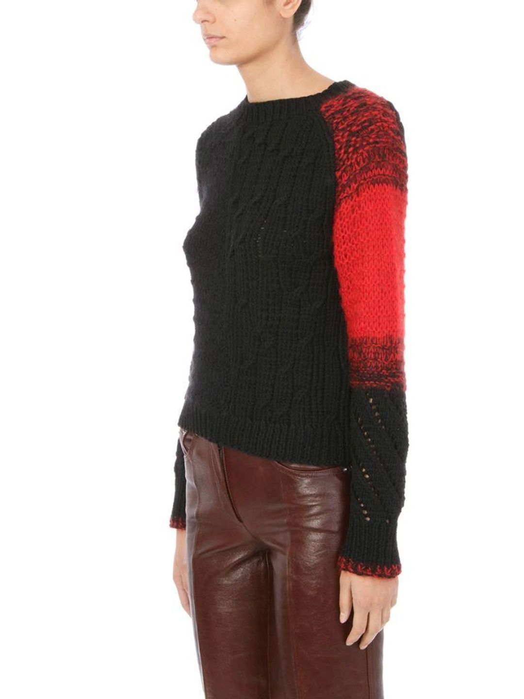 Patchwork Cable-knit Crewneck Wool Sweater In Black #13
