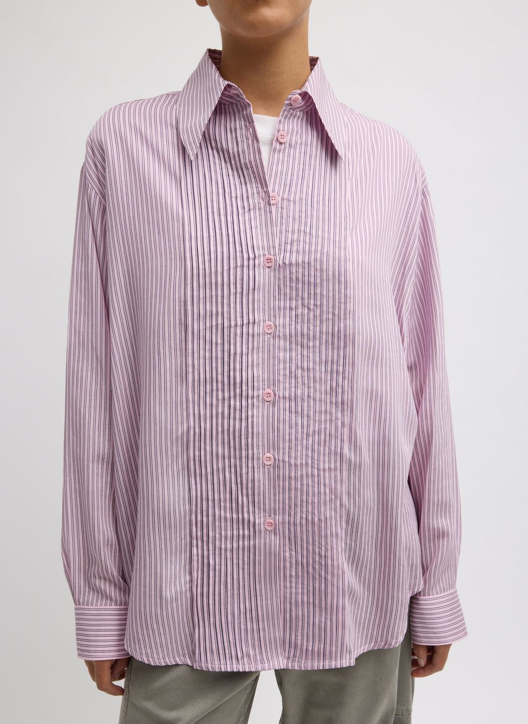 Ultra Light Silk Tencel Striped Pintucked Shirt