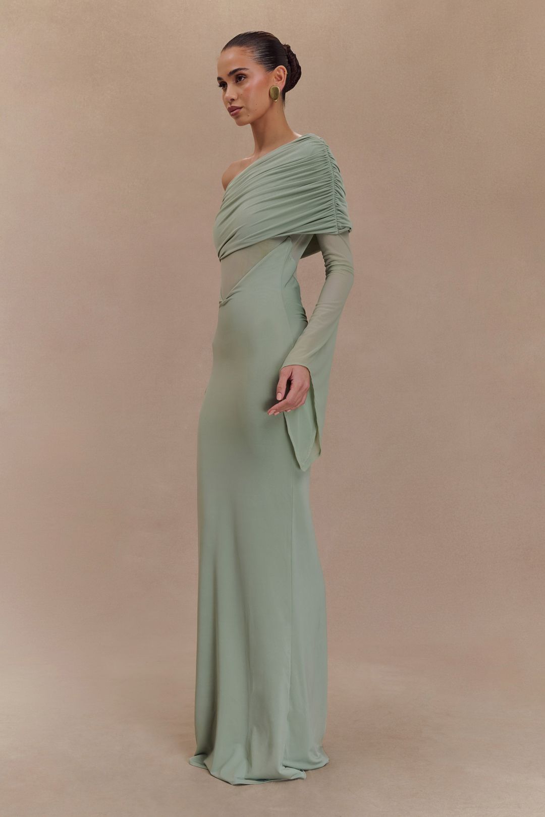 Kaitlin One Shoulder Slinky And Mesh Maxi Dress - Basil #3