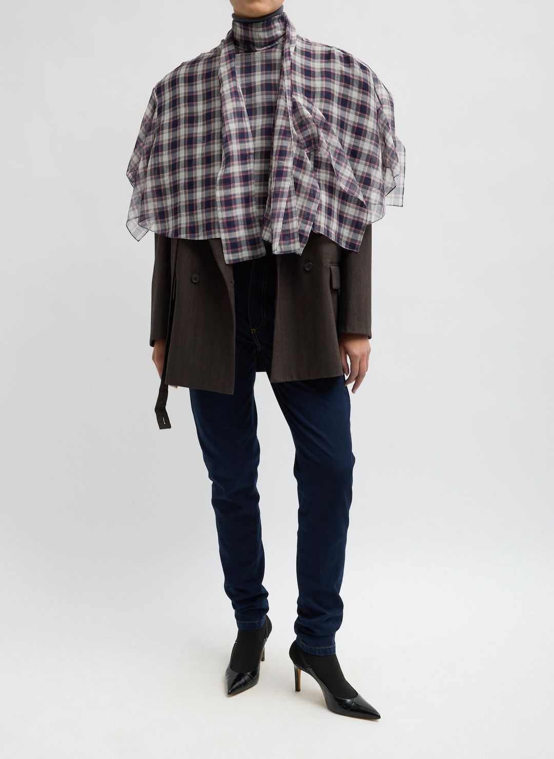 Silk Cotton Plaid Cape Tie Top #7