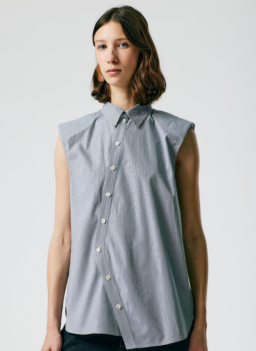 Micro Stripe Sleeveless Shoulderpad Shirt #6