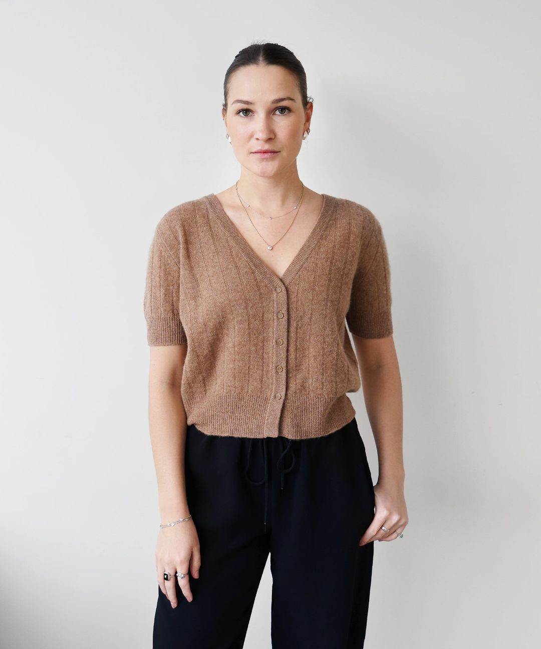Lightweight Cashmere Short Sleeve Ribbed Cardigan
