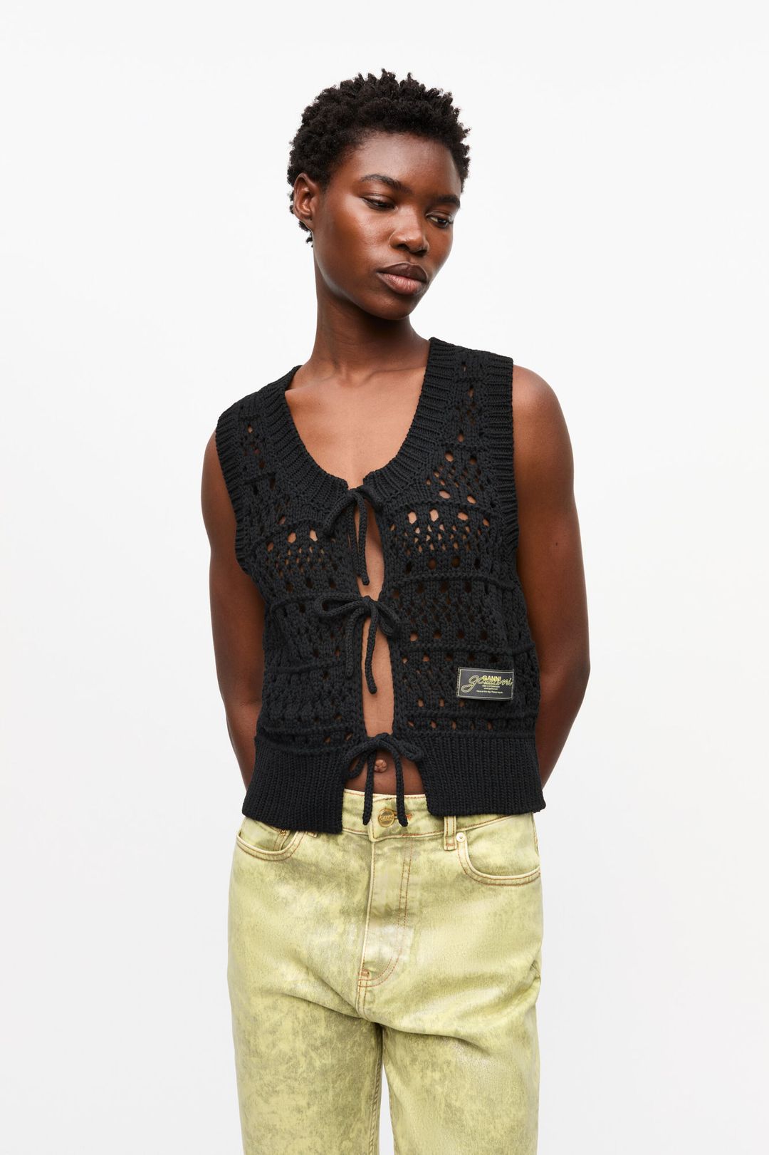 Black Crochet Tie String Vest