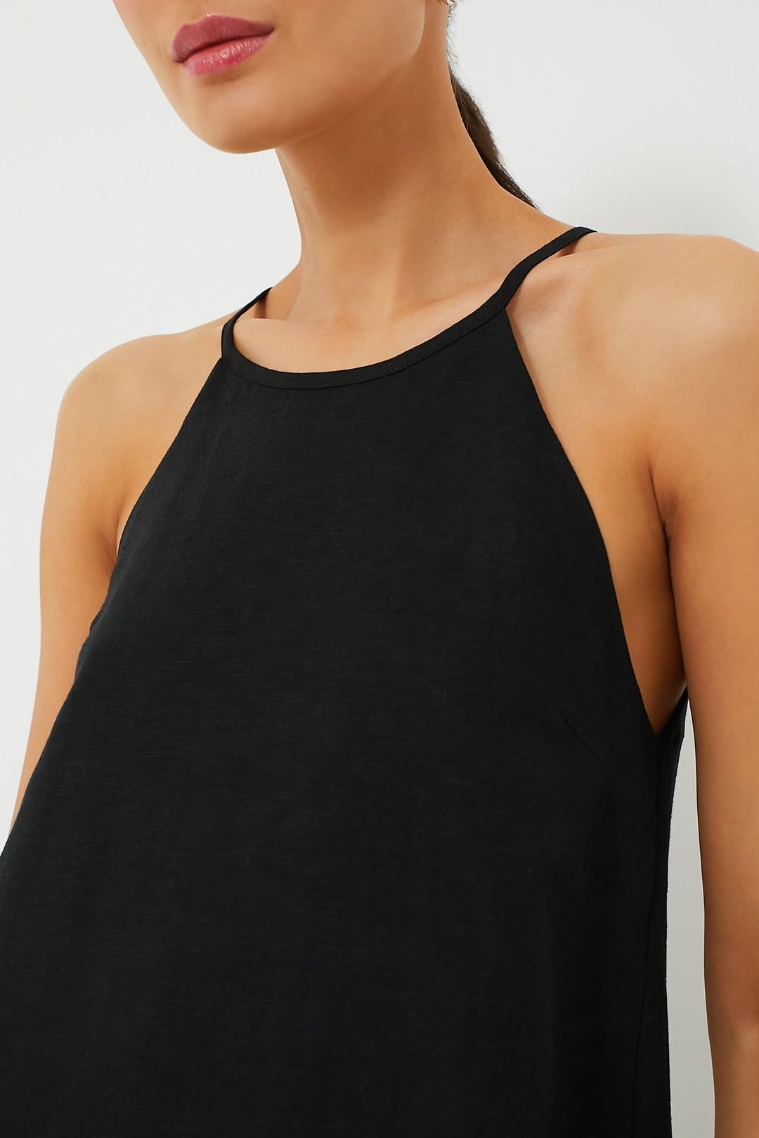 Black Linen High Neck Short Dress #5