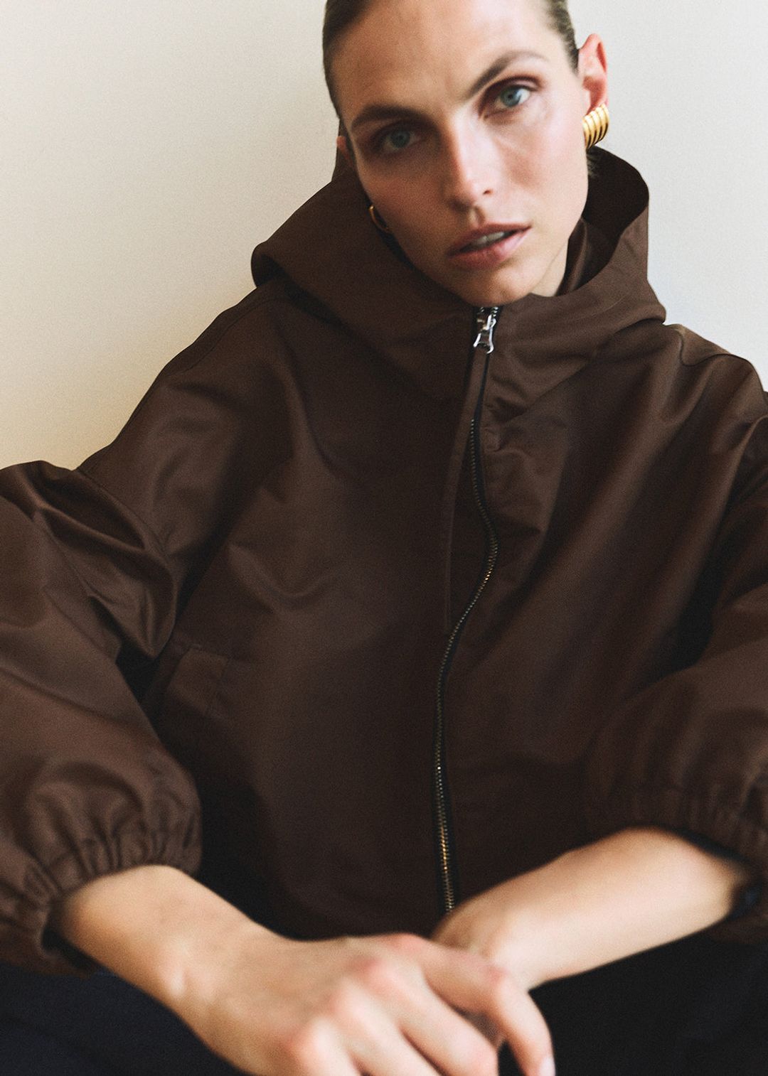 Cropped Nylon Windbreaker in Brown