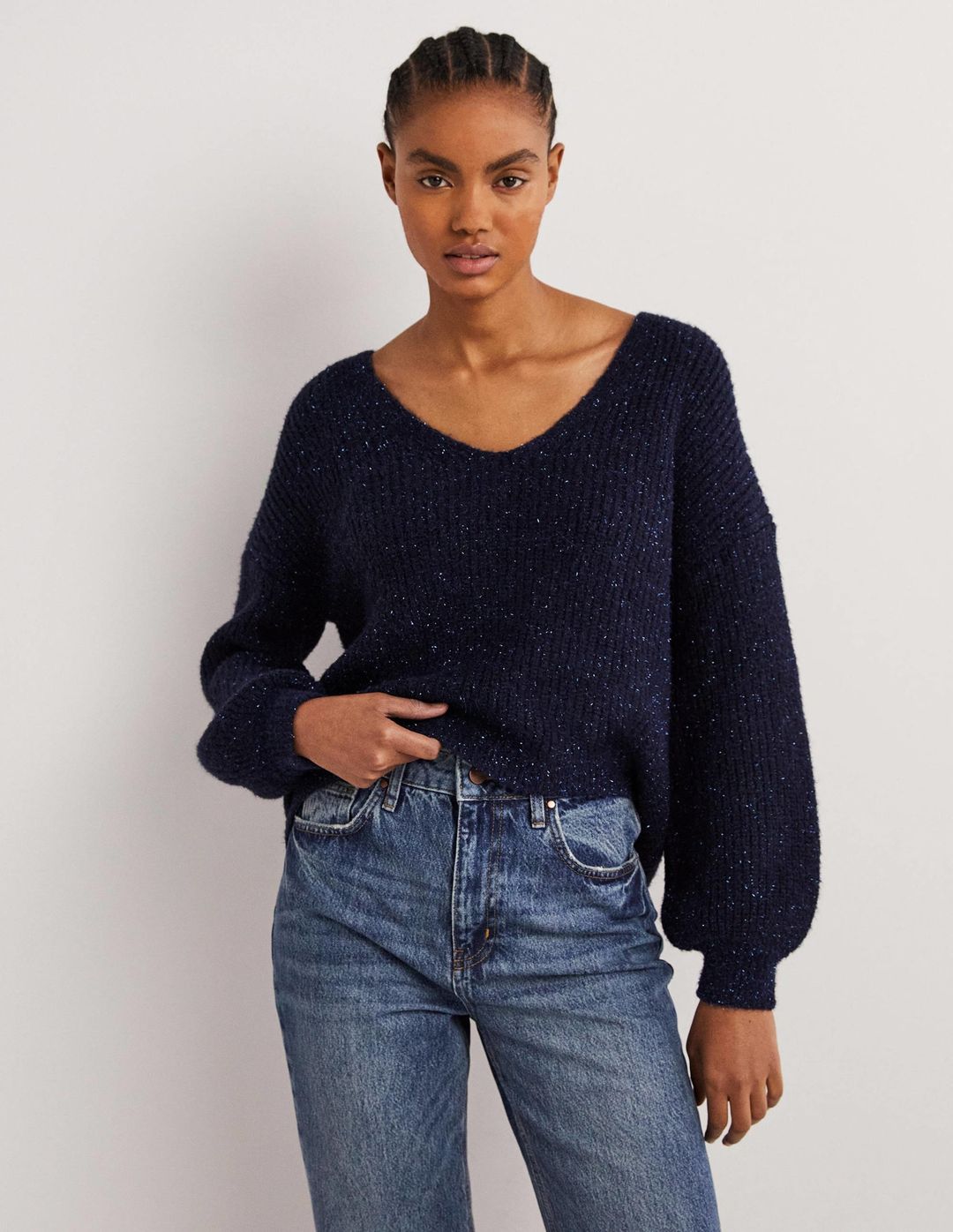 Navy Sparkle Ribbed Fluffy V-Neck Sweater-Navy Sparkle