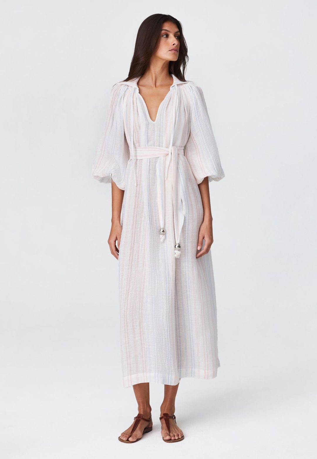 THE POET DRESS in WHITE & PINK & BLUE STRIPED GAUZE #3