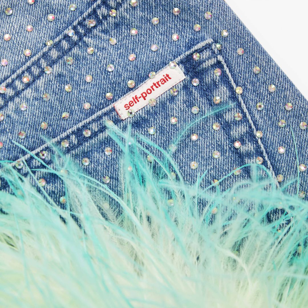 Blue Rhinestone Feather Denim Skirt #5