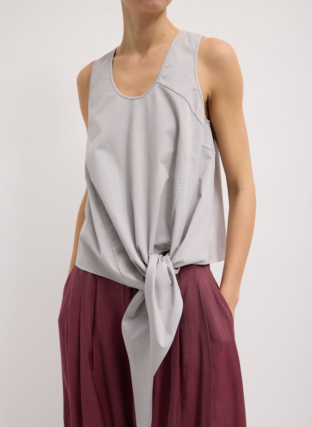 Garment Dyed Silky Cotton Tie Front Top