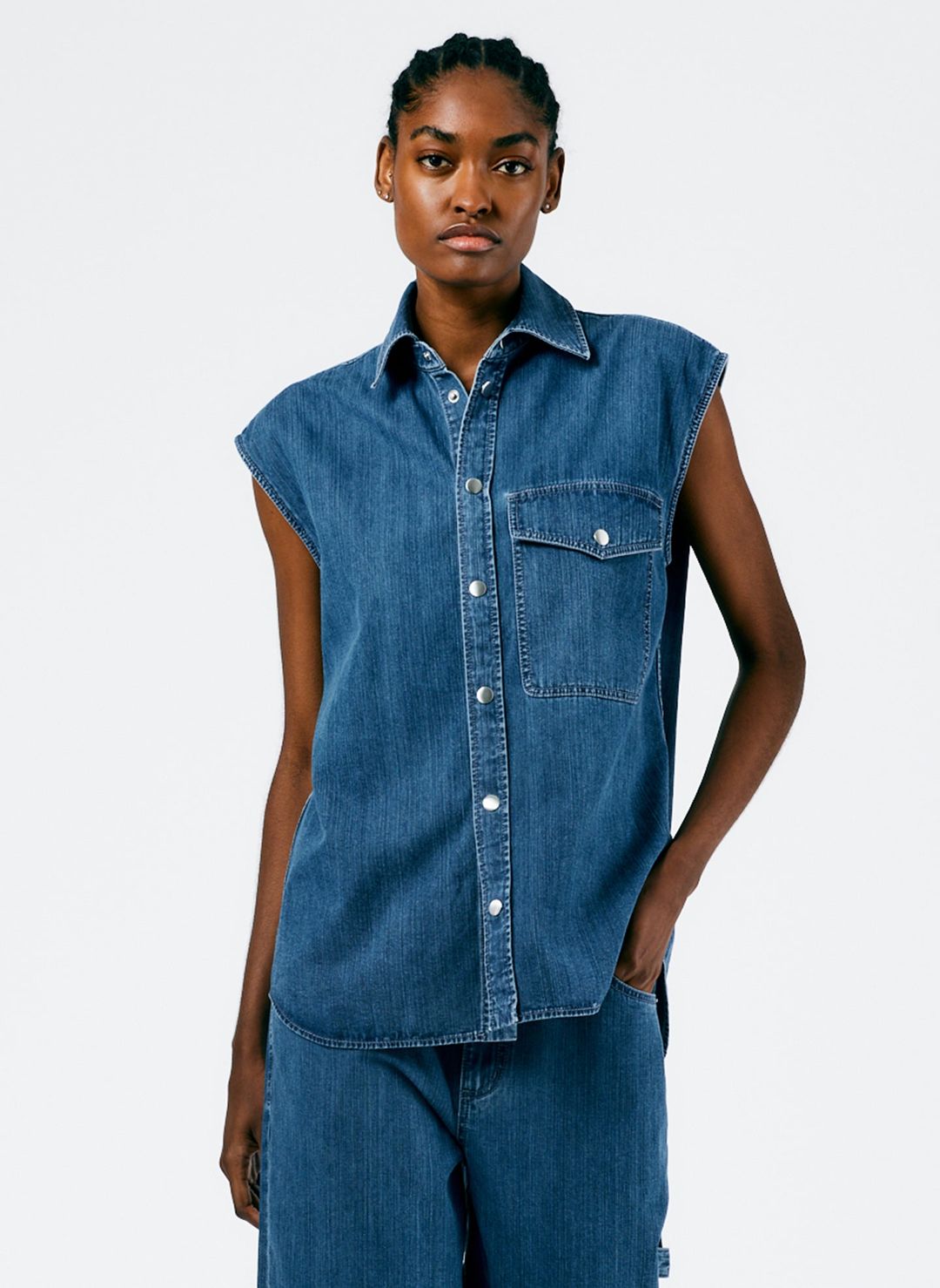 Stone Washed Denim Sleeveless Easy Shirt