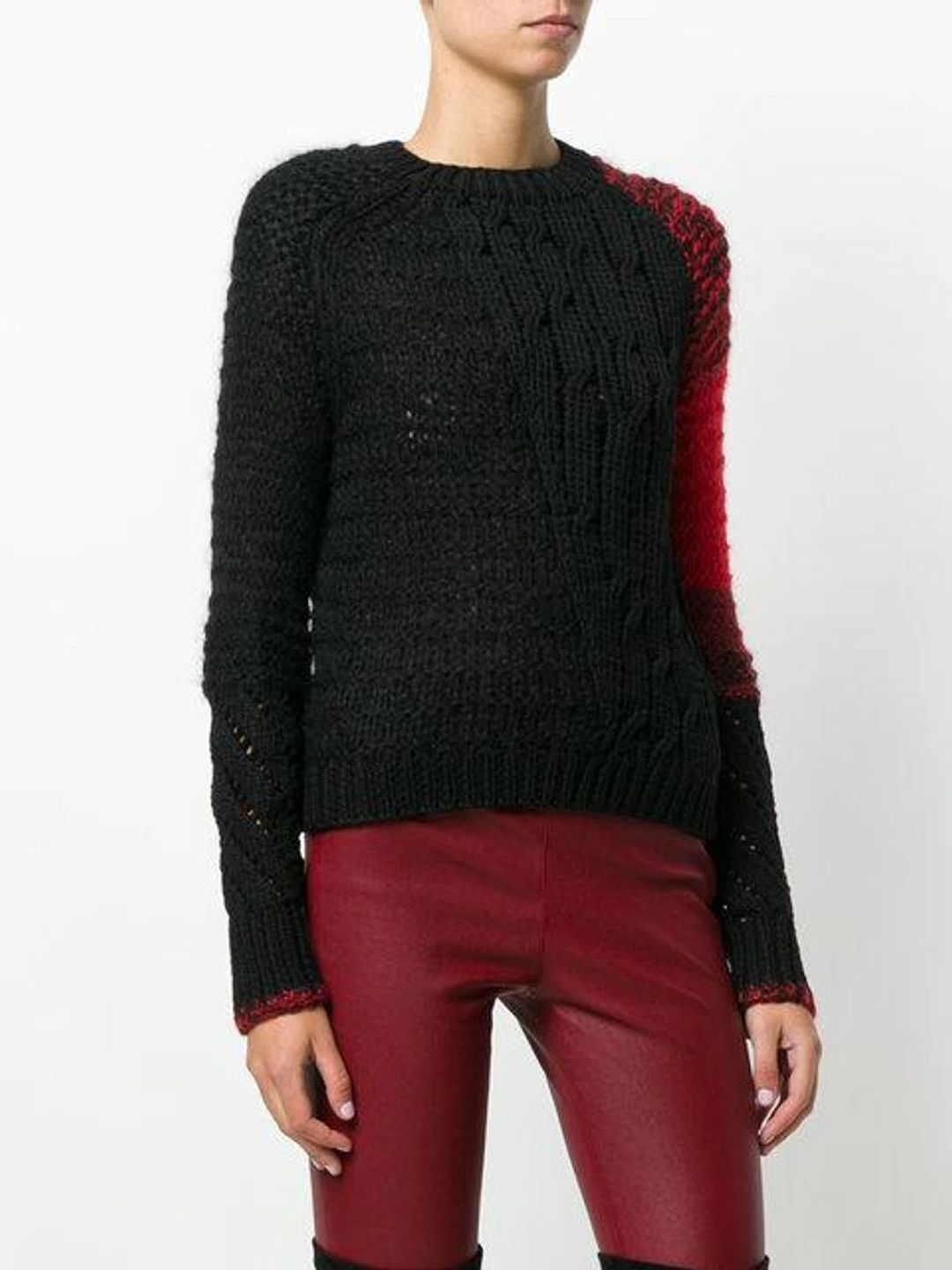 Patchwork Cable-knit Crewneck Wool Sweater In Black #8