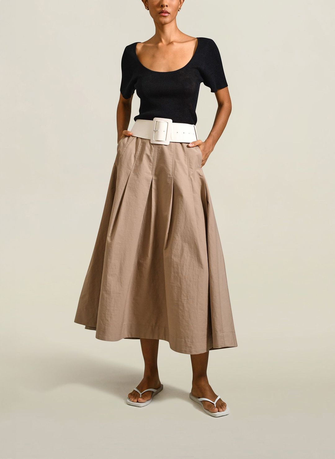 Dakota Pleated Skirt in Tan Compact Cotton