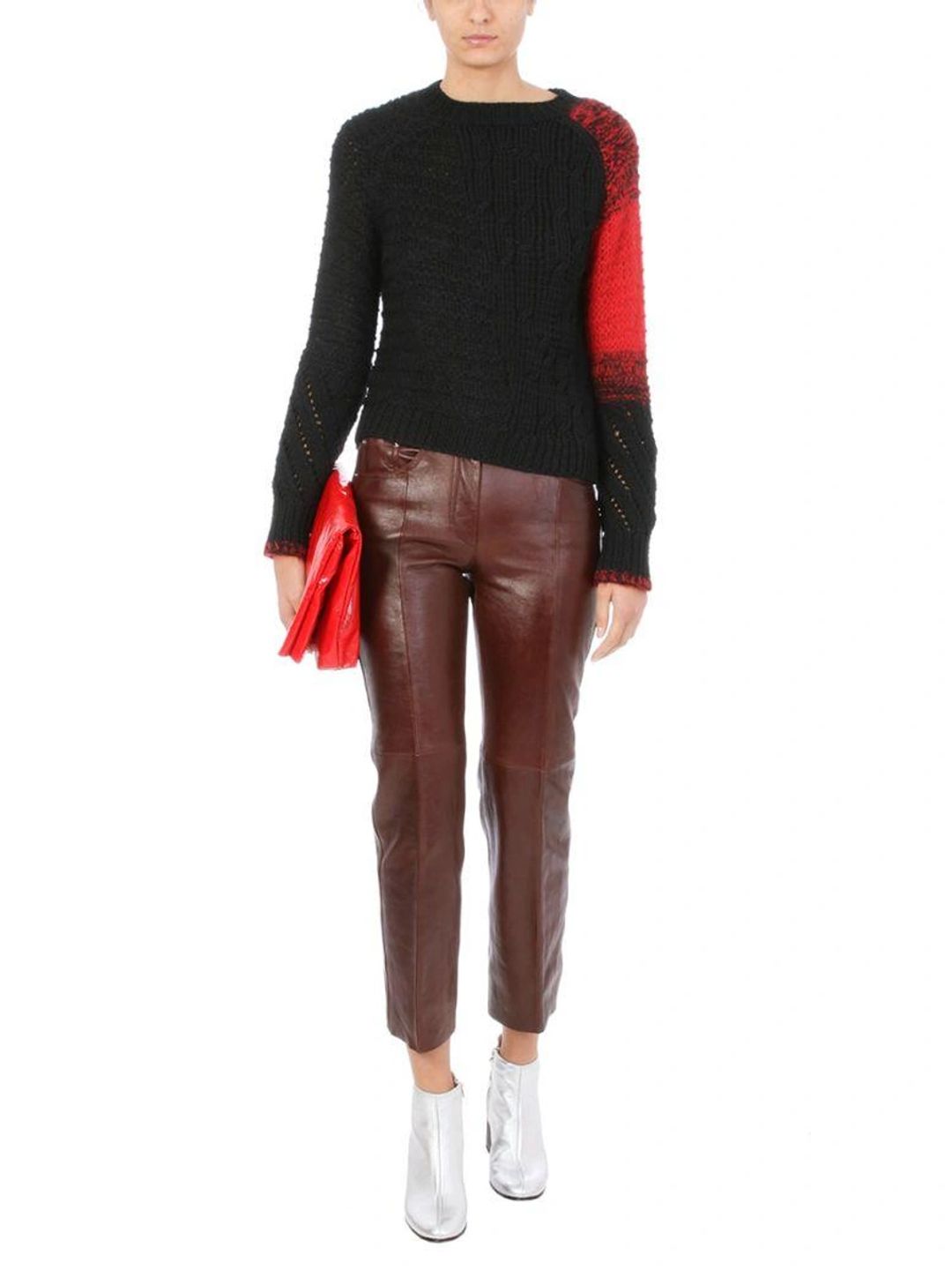 Patchwork Cable-knit Crewneck Wool Sweater In Black #11