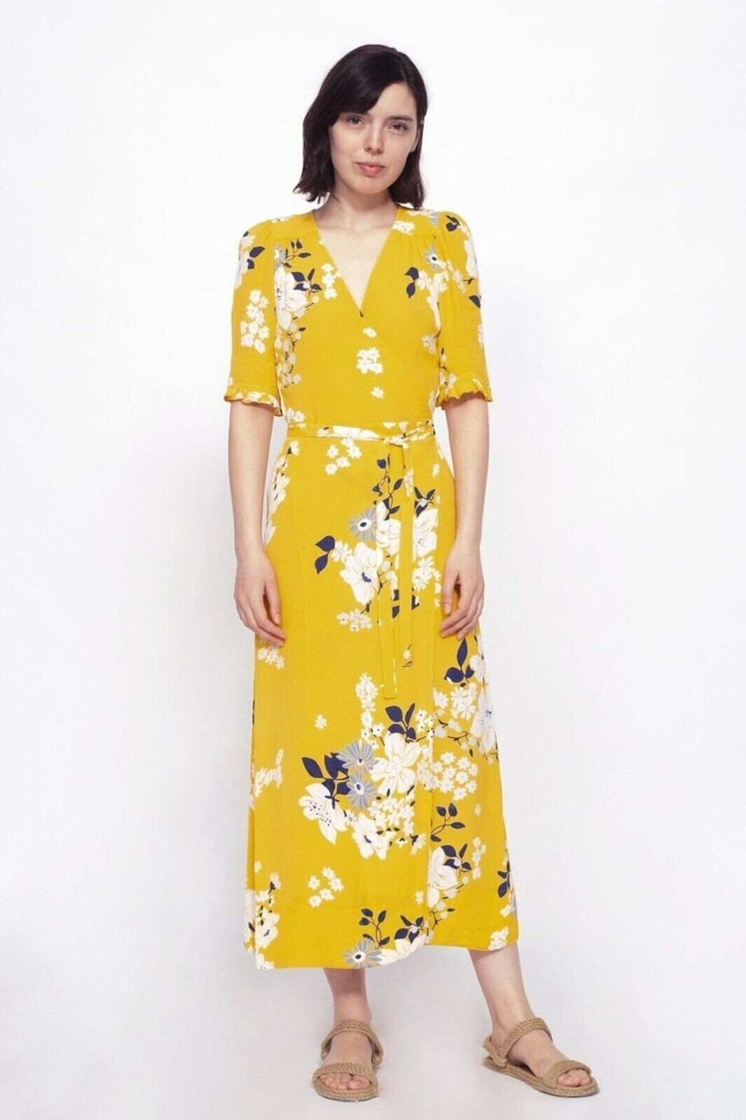 Pia crepe floral midi wrap dress in yellow