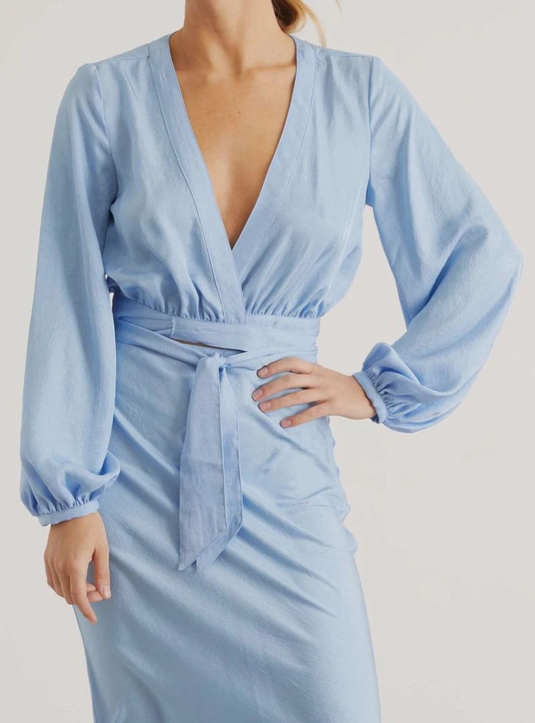 Blue Romana Blouson Sleeve Wrap Crop Top #2