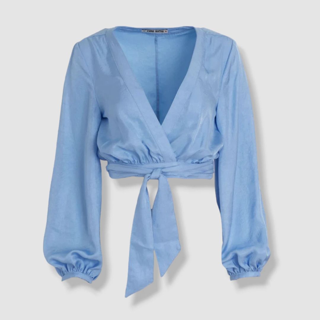 Blue Romana Blouson Sleeve Wrap Crop Top