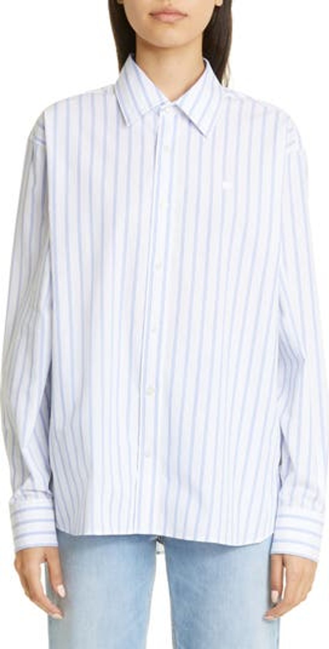 Sarlie Stripe Face Patch Long Sleeve Button-Up Shirt
