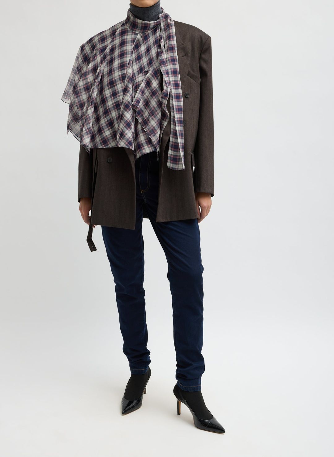 Silk Cotton Plaid Cape Tie Top #6