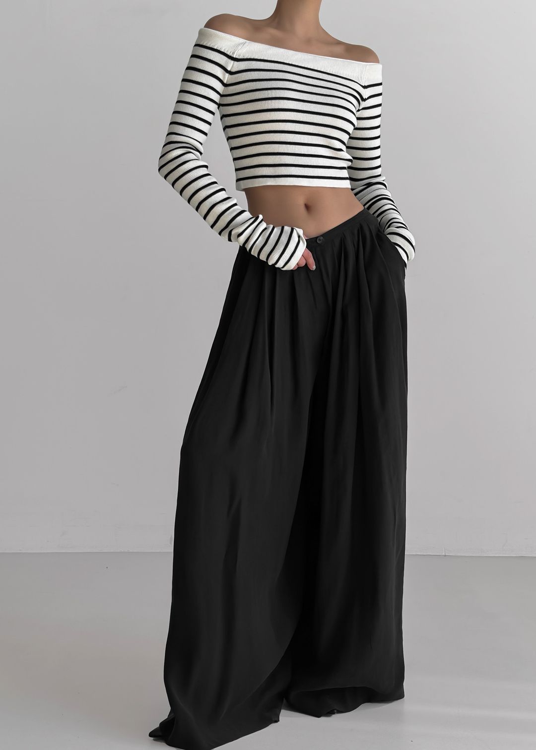 Coco White Off Shoulder Sweater - Black Stripe #6