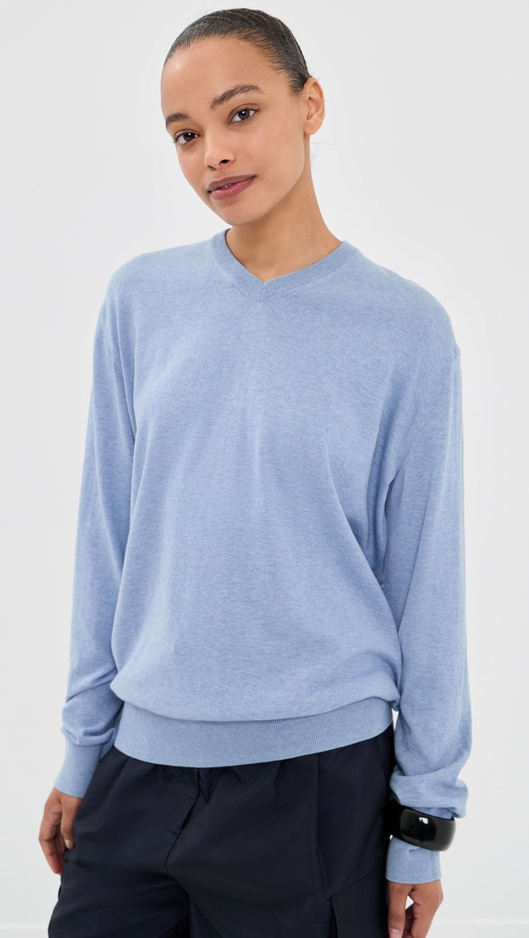 Super Fine Gauge vee neck pullover in blue