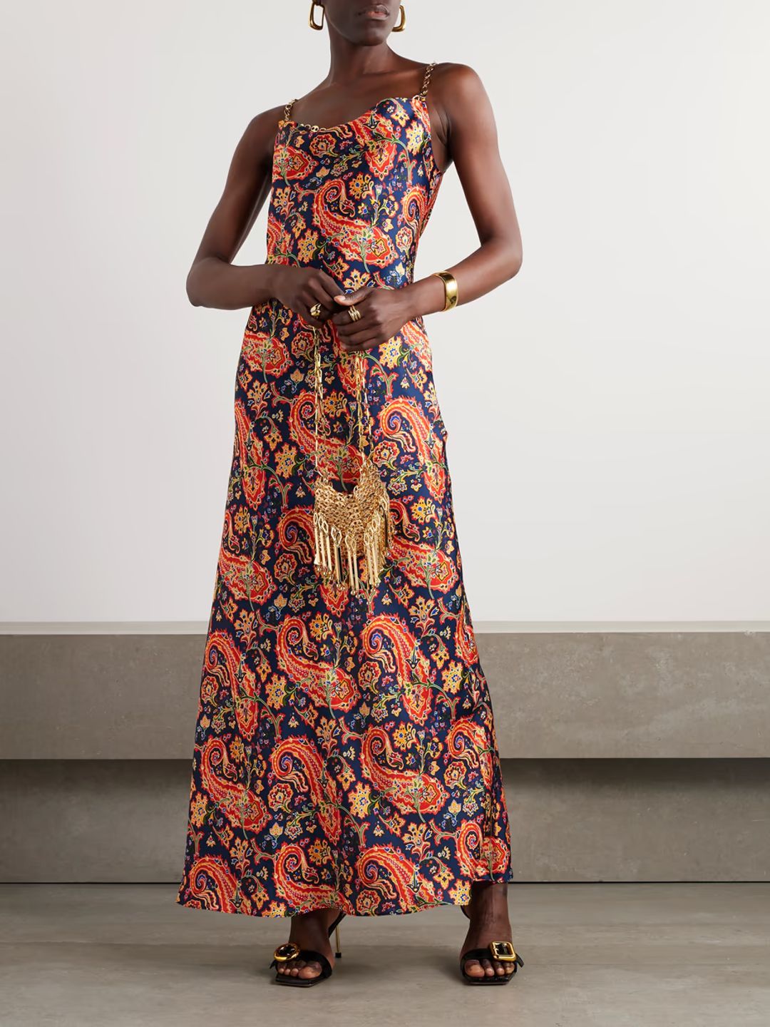 Chainmail-embellished paisley-print satin maxi dress