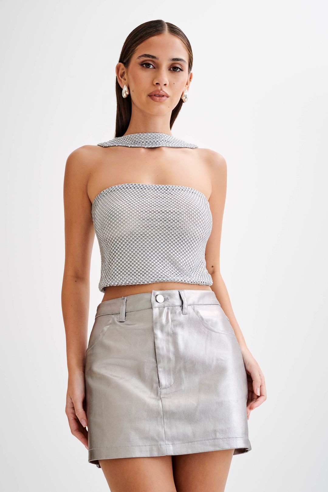 Agnes Diamante Mesh Halter Top - Silver #10