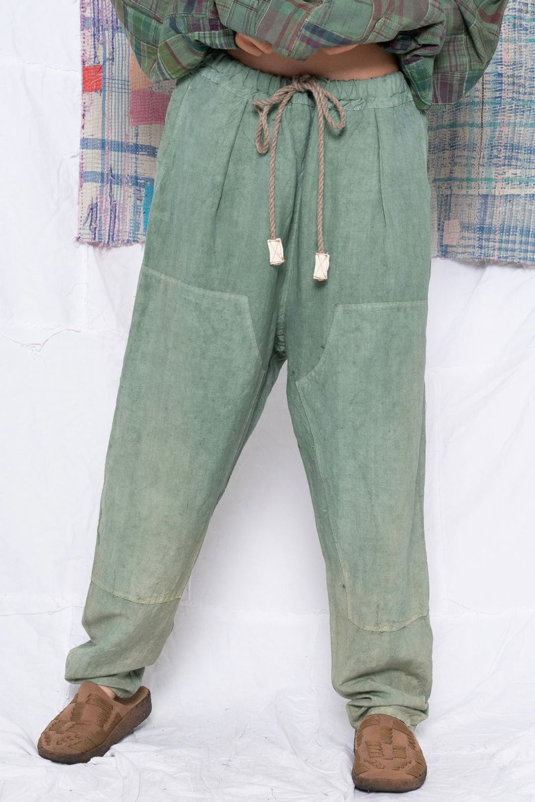 P70 Pleated Easy Pant Wild Silk & Hemp Uneven Dye Sea Green