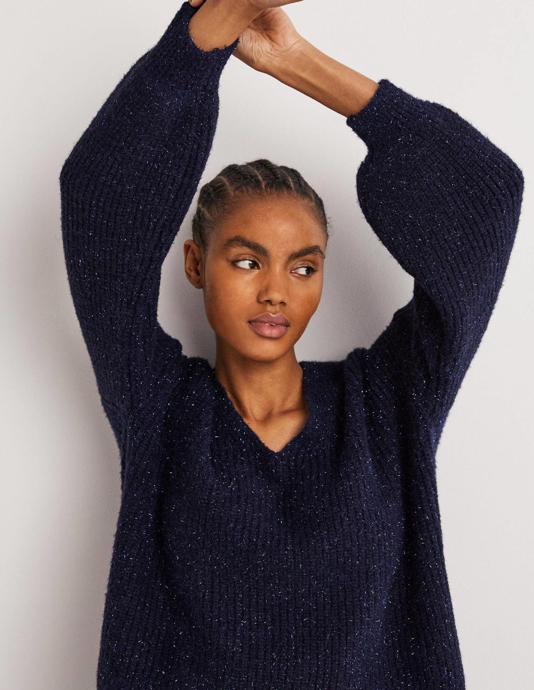 Navy Sparkle Ribbed Fluffy V-Neck Sweater-Navy Sparkle #4