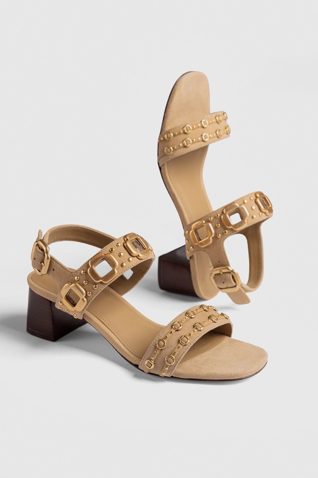 Milan Studs Block Sandal In Peanut Suede