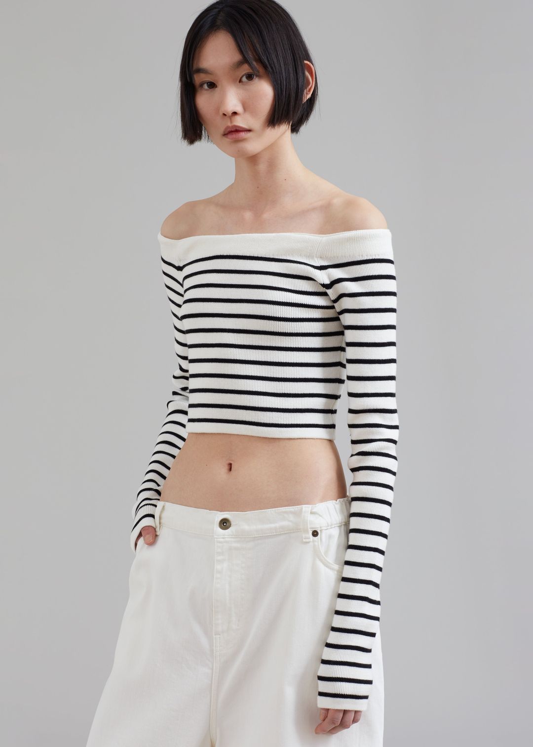 Coco White Off Shoulder Sweater - Black Stripe #9
