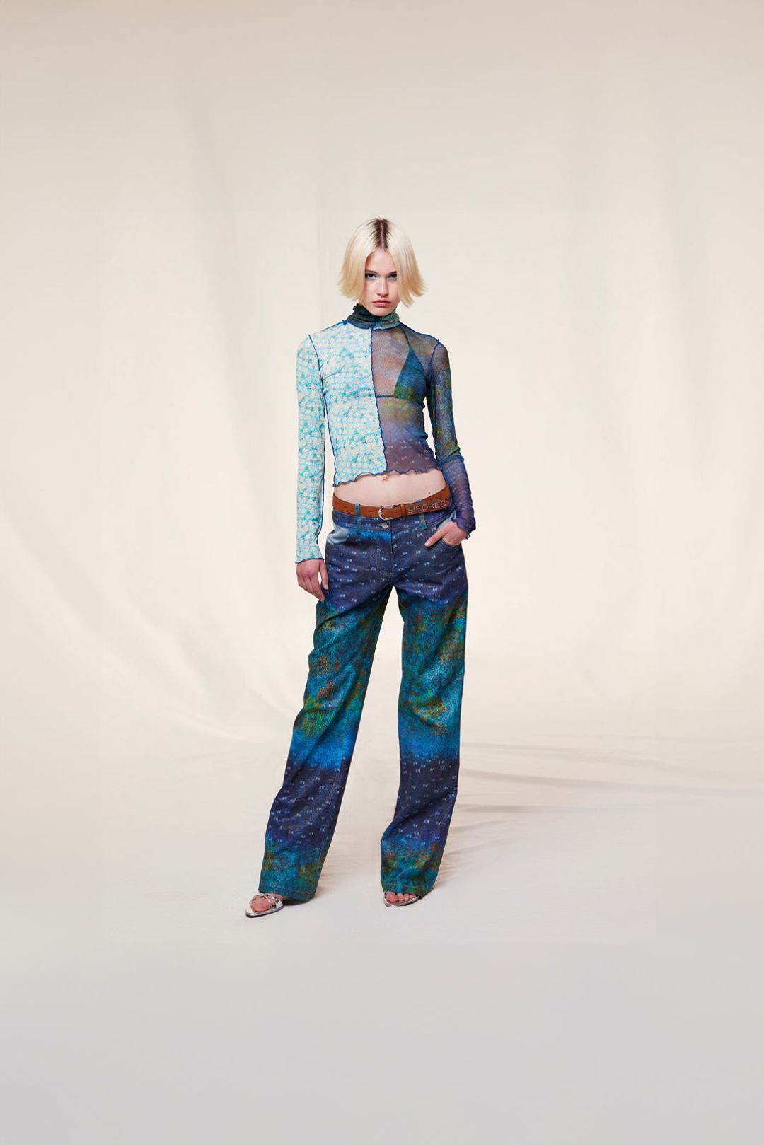 CODY - Mesh-panelled printed turtleneck top