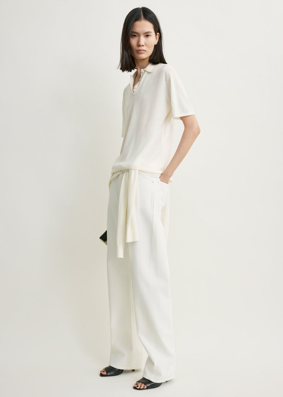 Wool-silk polo shirt white petite