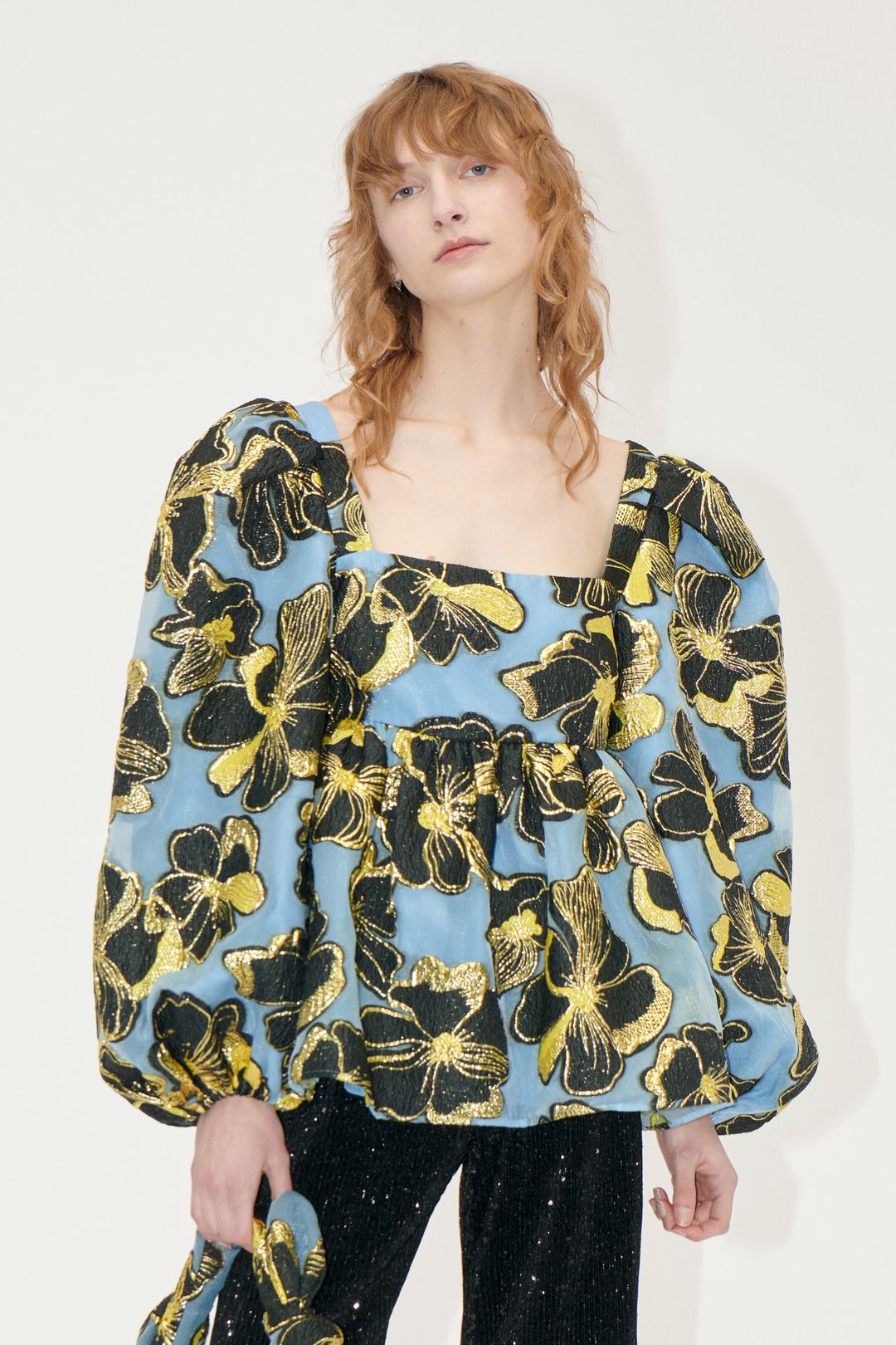 Square Neck Long Sleeve Top - Blue Anemone Jacquard