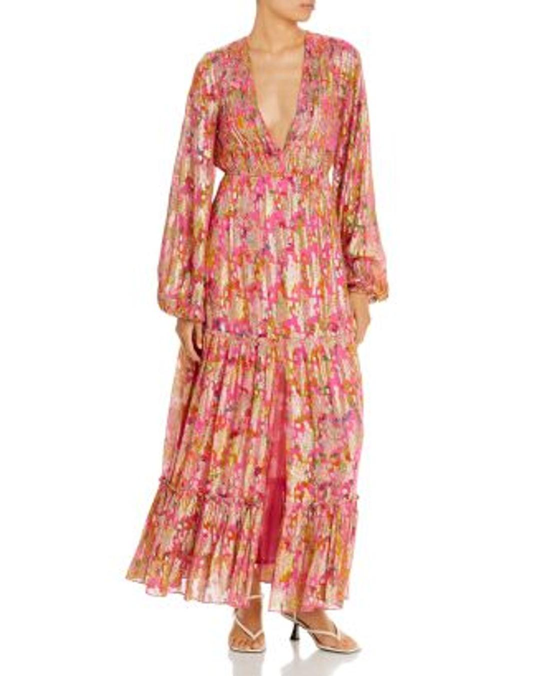 V Neck Metallic Print Maxi Dress