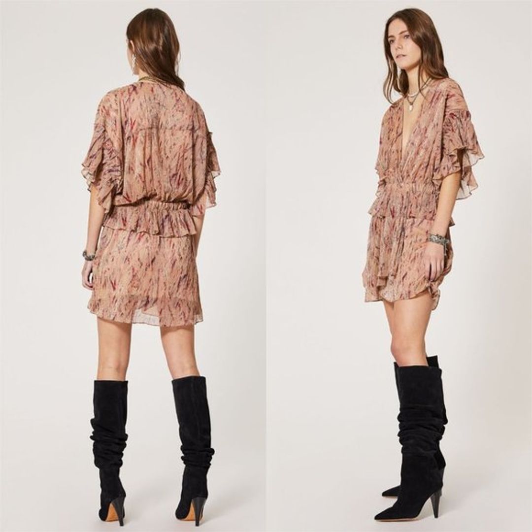 Buoux Metallic Print Ruffle V-Neck Mini A-Line Dress