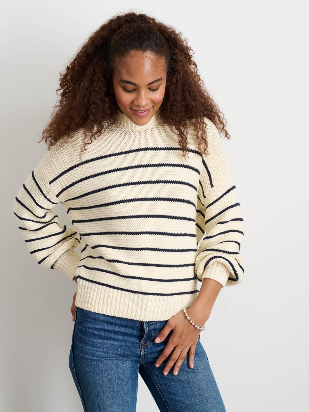Button-Back Crewneck Sweater in Stripe #7