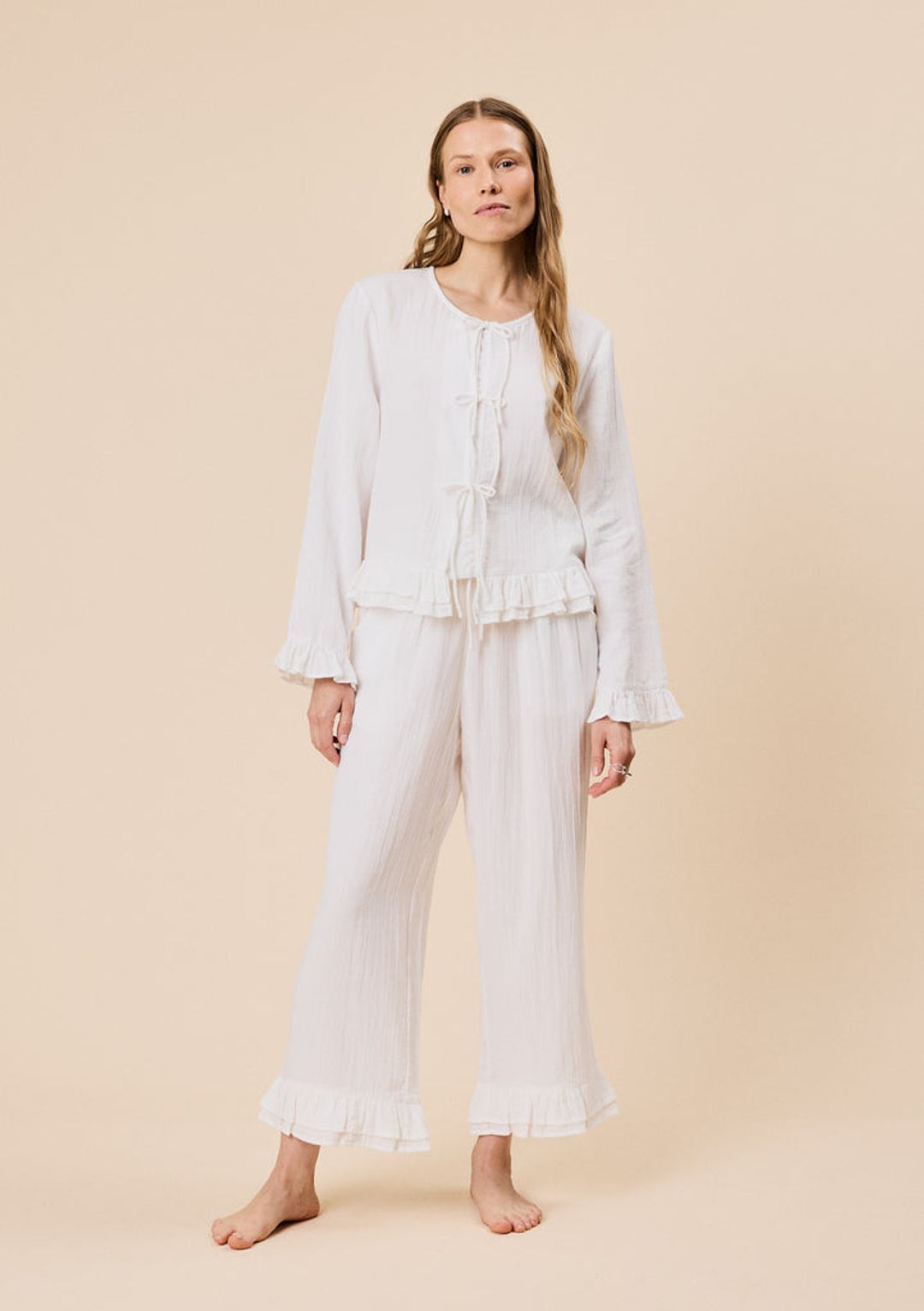 Ankle Grazer Cotton Pyjamas in White Ruffle