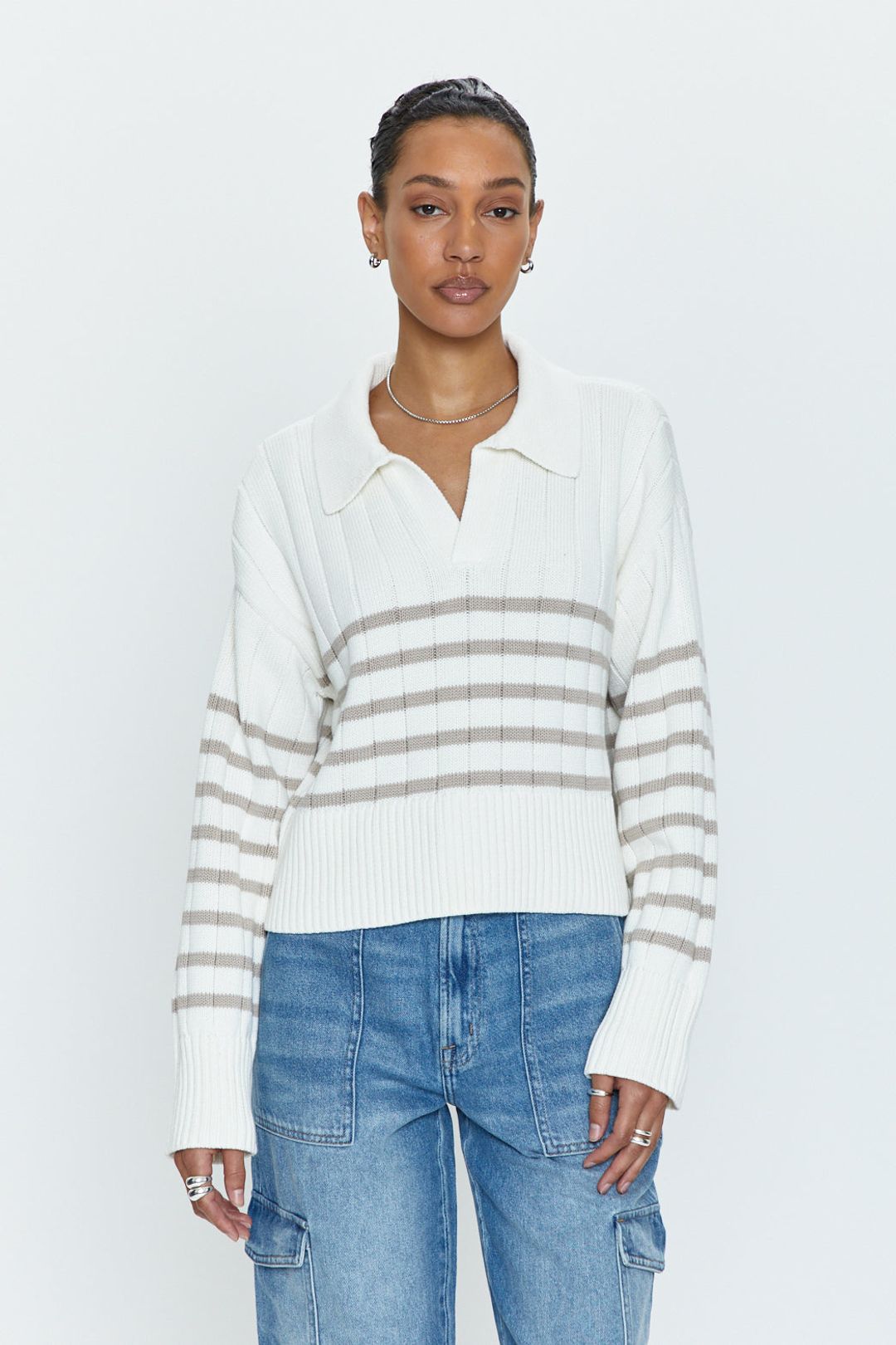 Arlo Polo Sweater Ecru - Taupe Stripe