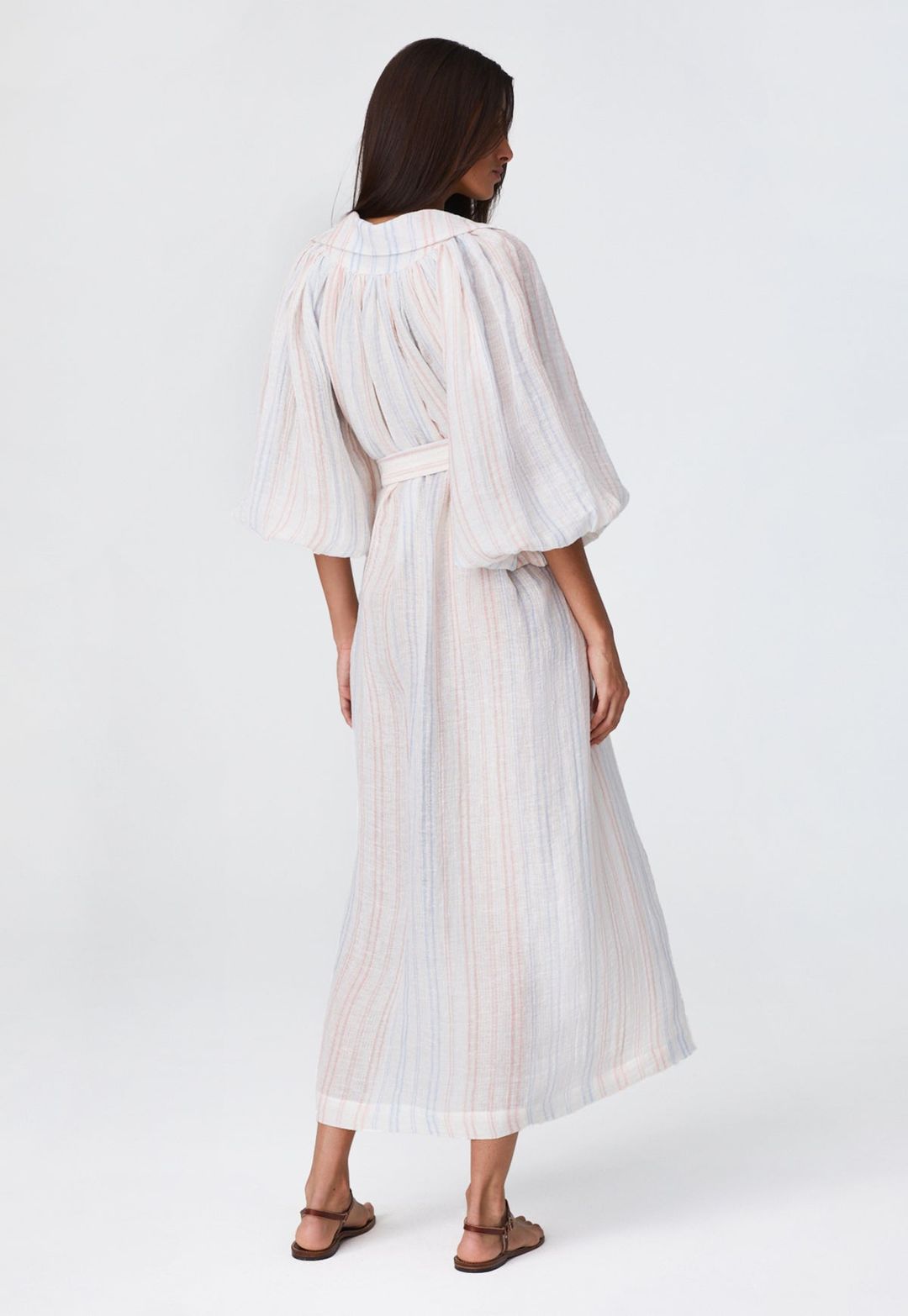 THE POET DRESS in WHITE & PINK & BLUE STRIPED GAUZE #6