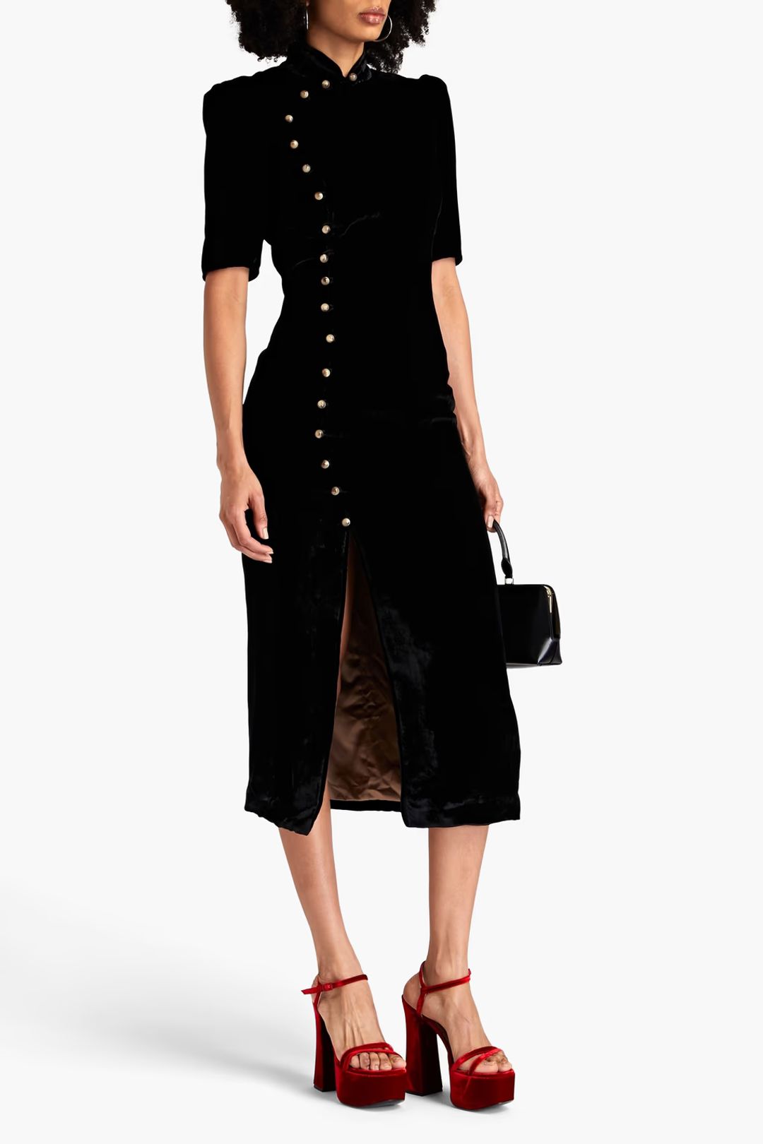 Venyx Taro Button-embellished Velvet Midi Dress In Black